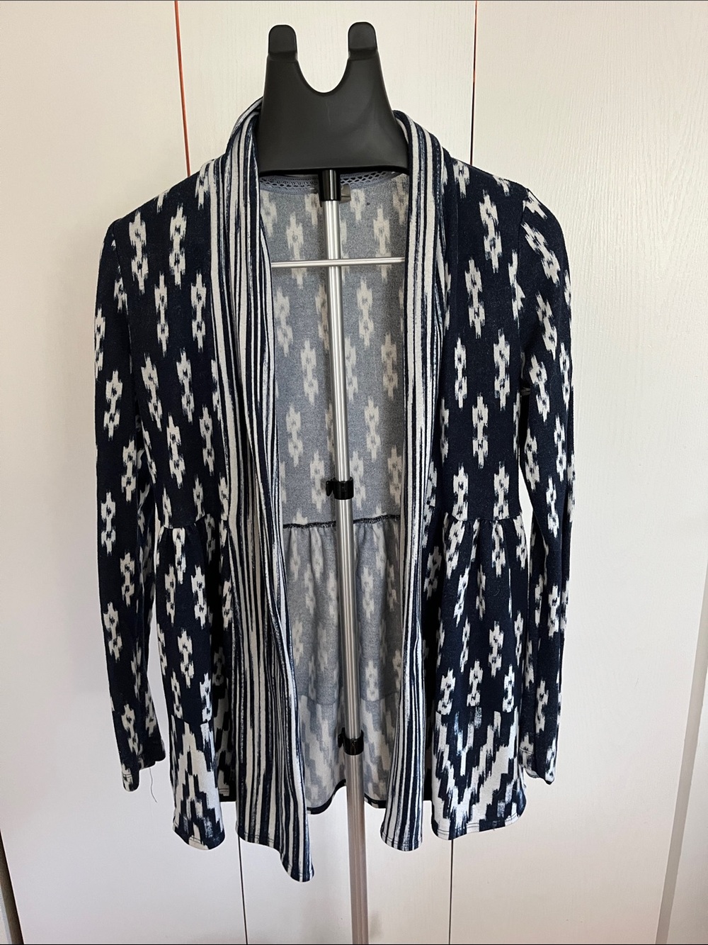 Navy and White Open-Front Ikat Cardigan Sweater